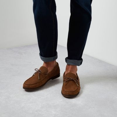 Tan embossed suede loafers